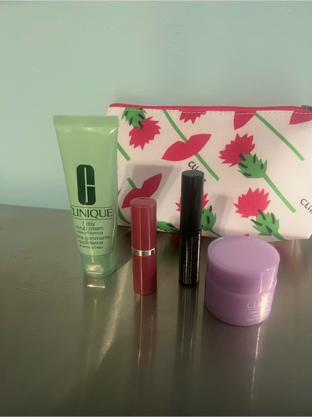 Clinique Lipstick, Mascara & 2 Other Products & Flowered Pouch